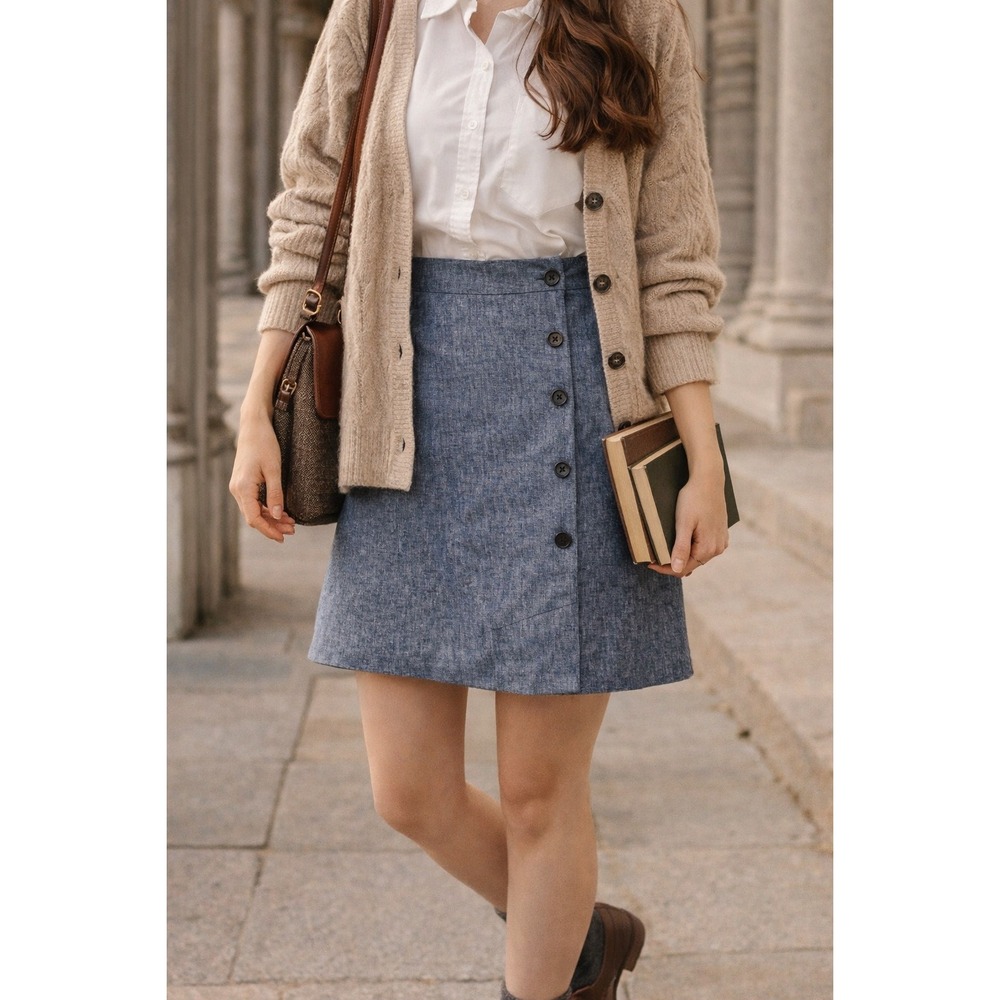 Ann Taylor Factory Pencil Skirt Womens Size 6 Blue Chambray Linen Blend academia
